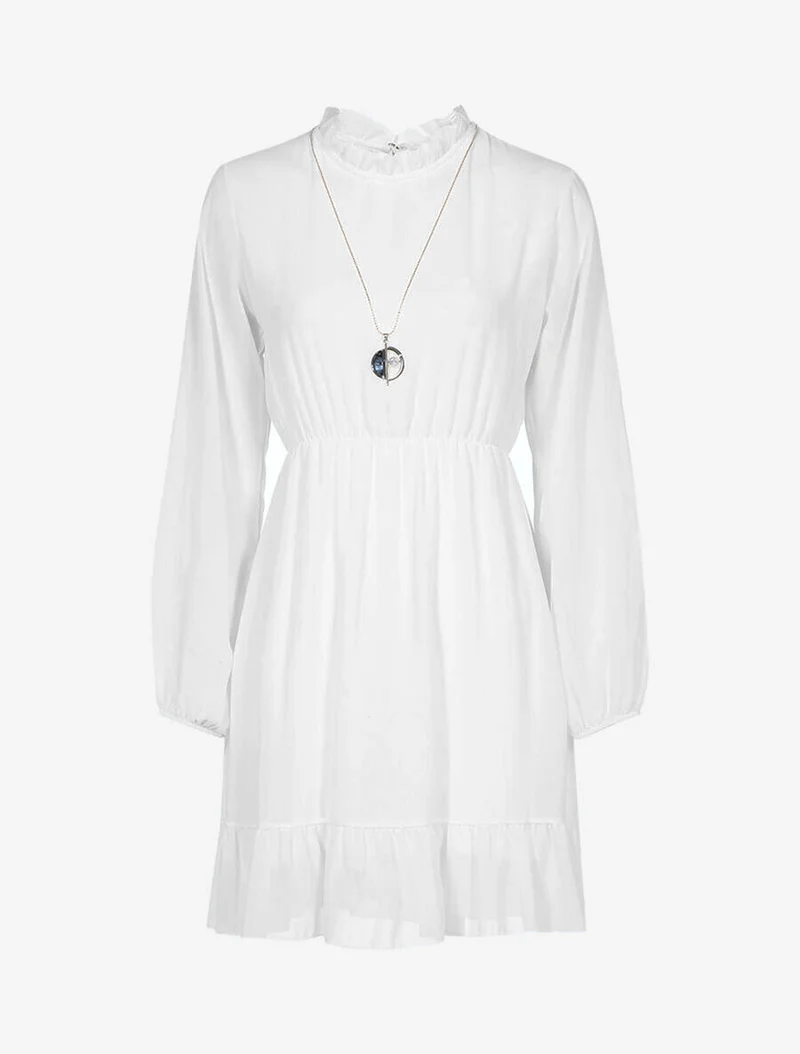 Rüschenkleid mit Stehkragen - Weiß