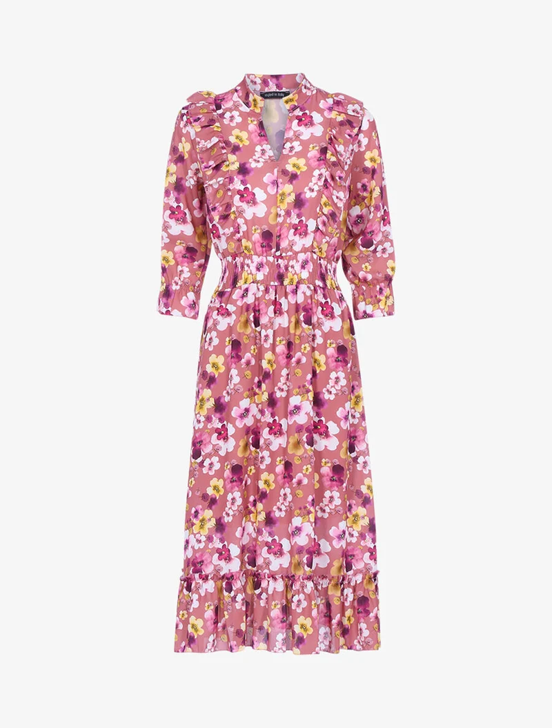 Geblümtes Kleid mit Rüschenstreifen - Dunkelrosa