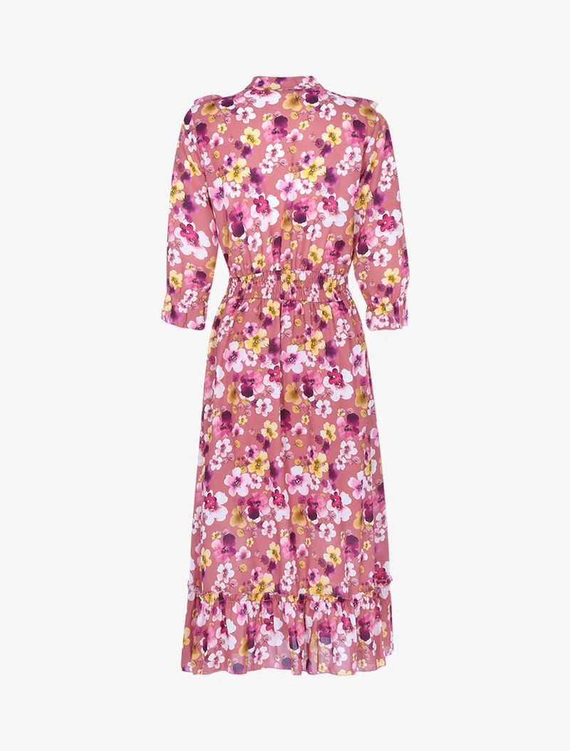 Geblümtes Kleid mit Rüschenstreifen - Dunkelrosa