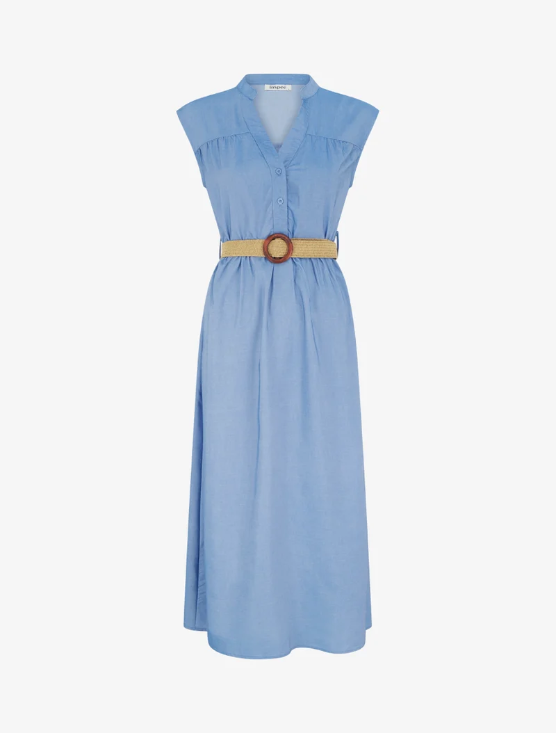 Ärmelloses langes Kleid mit Knopfkragen - Hellblau