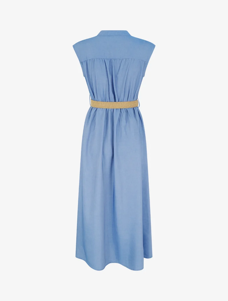 Ärmelloses langes Kleid mit Knopfkragen - Hellblau