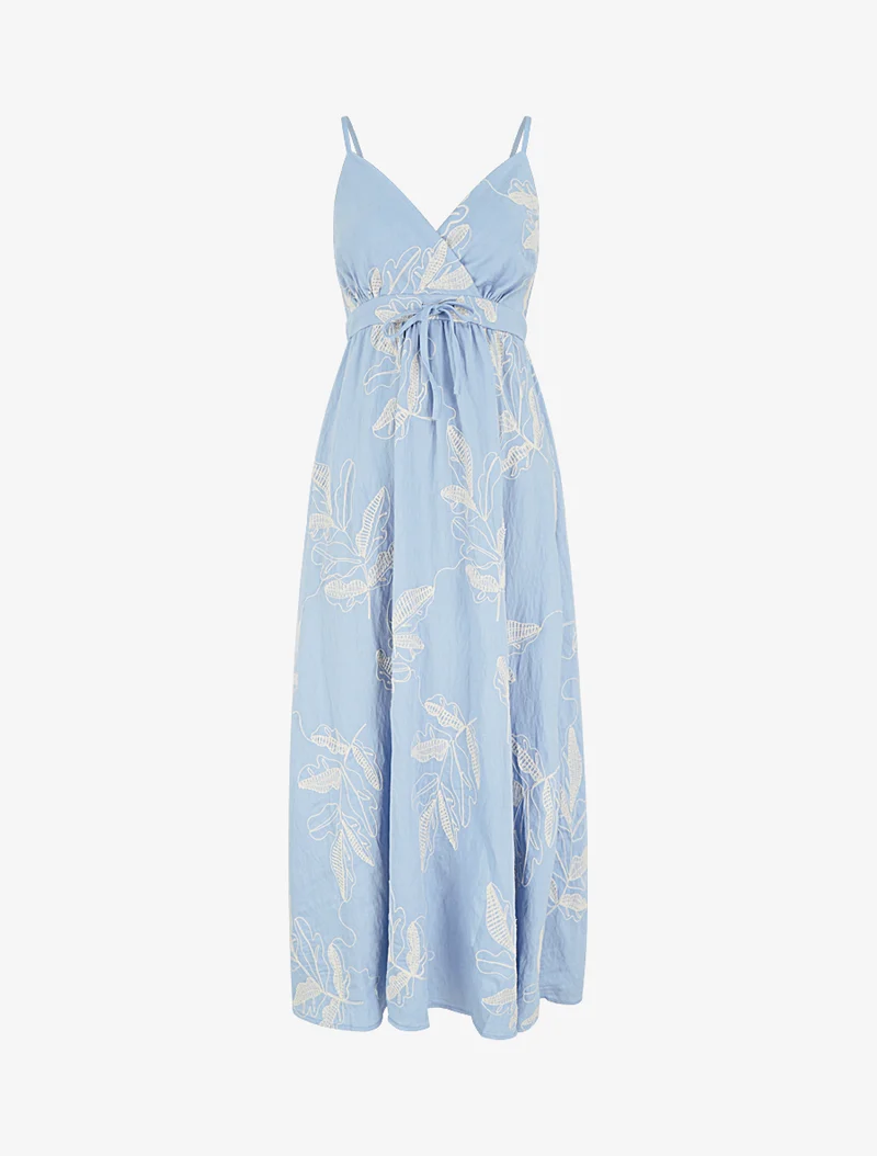 Empire-Langkleid mit stilisierten Blätterstickereien - Himmelblau