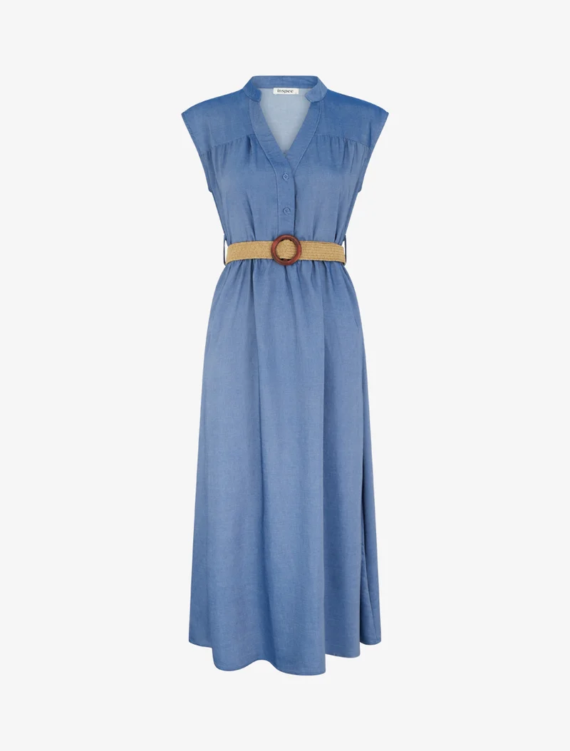 Ärmelloses langes Kleid mit Knopfkragen - Dunkelblau