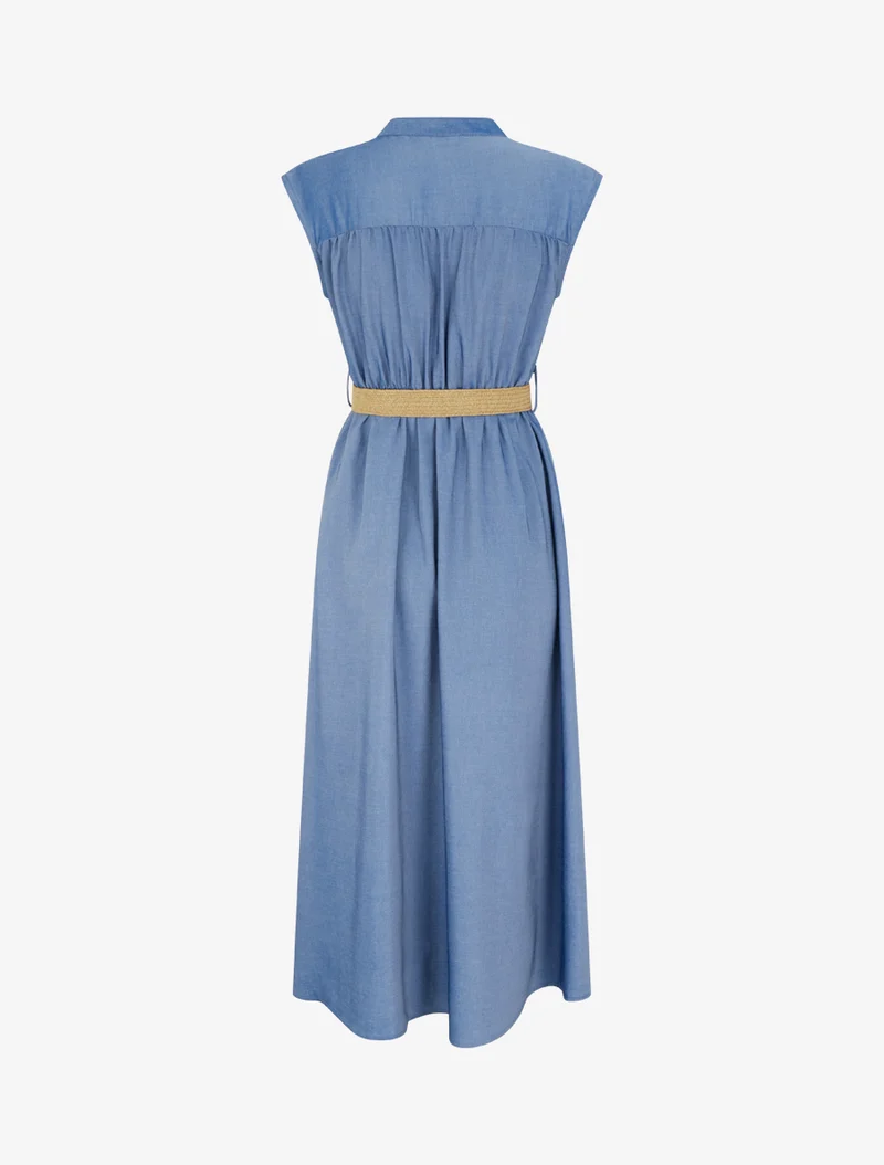 Ärmelloses langes Kleid mit Knopfkragen - Dunkelblau
