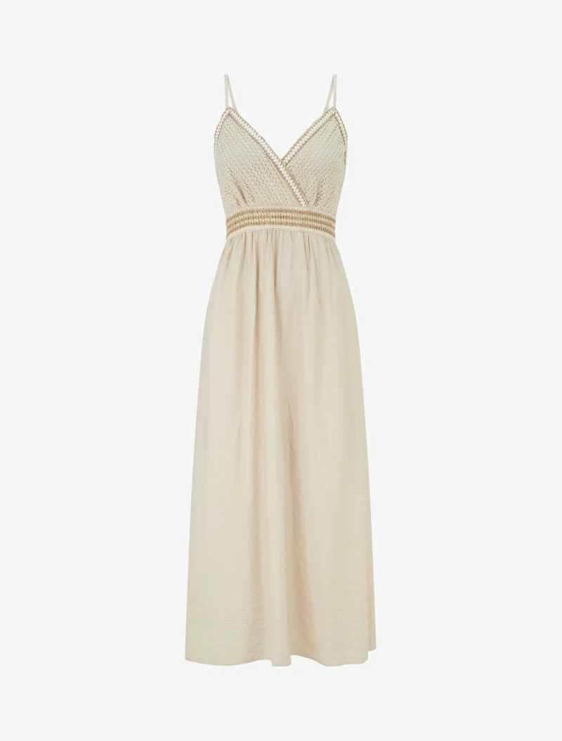 Langes einfarbiges Kleid mit besticktem Oberteil - Beige