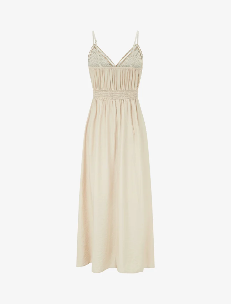 Langes einfarbiges Kleid mit besticktem Oberteil - Beige