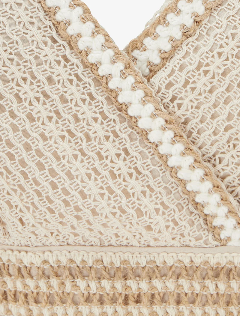 Langes einfarbiges Kleid mit besticktem Oberteil - Beige