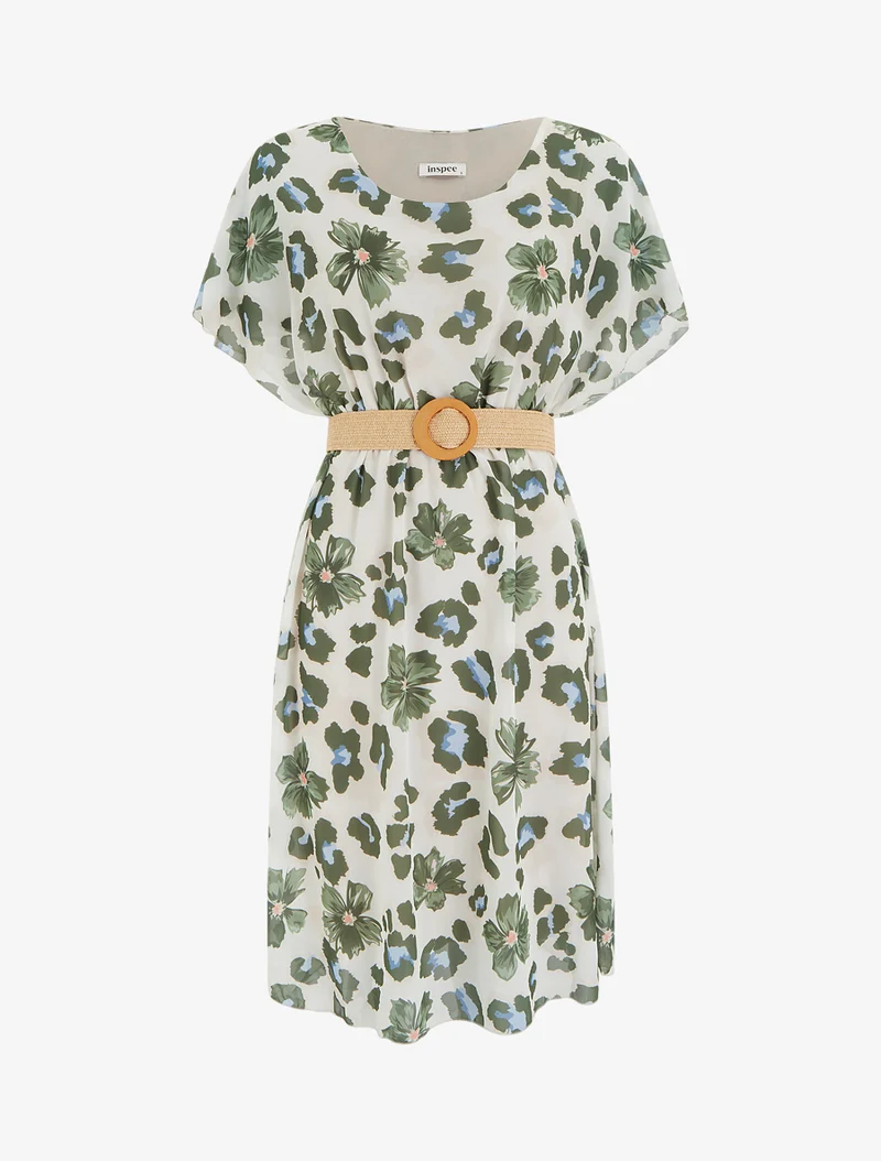 Midikleid mit Blumenmuster und kurzen Ärmeln - Kaki