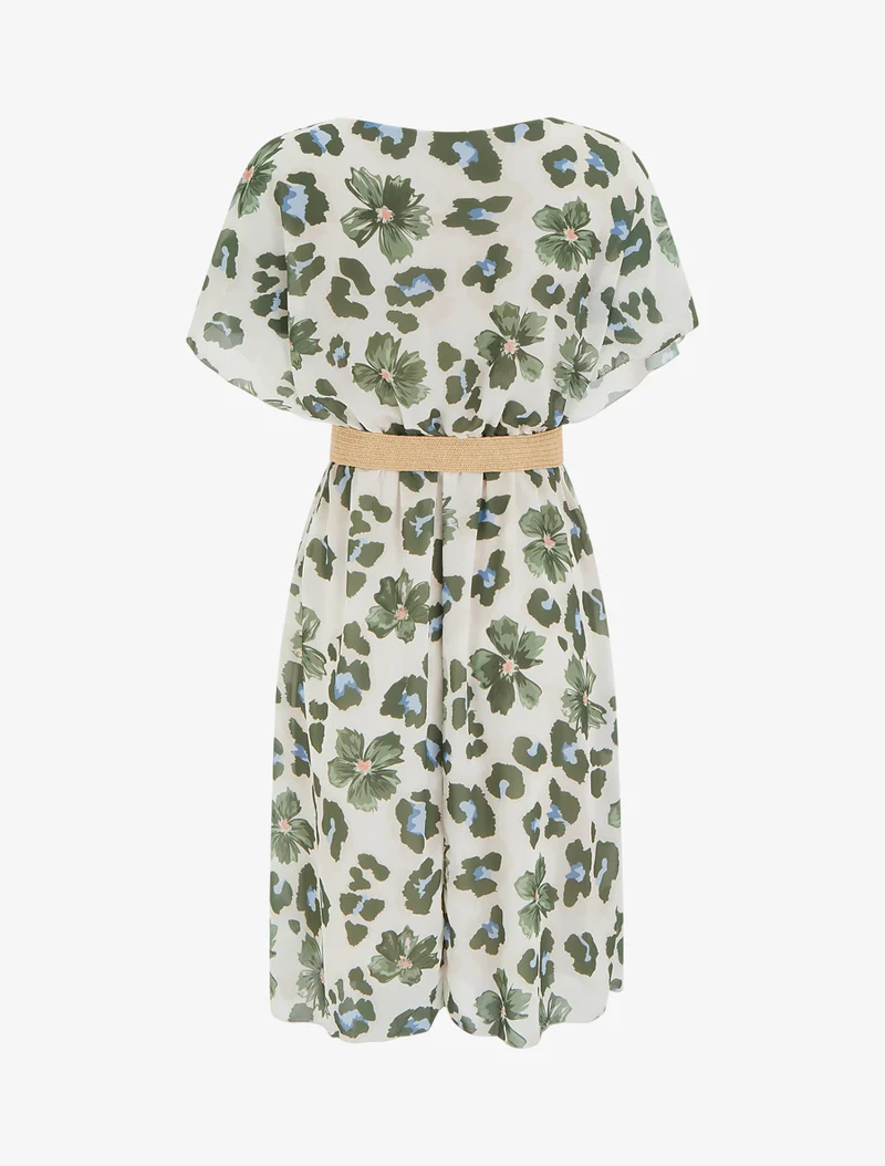 Midikleid mit Blumenmuster und kurzen Ärmeln - Kaki