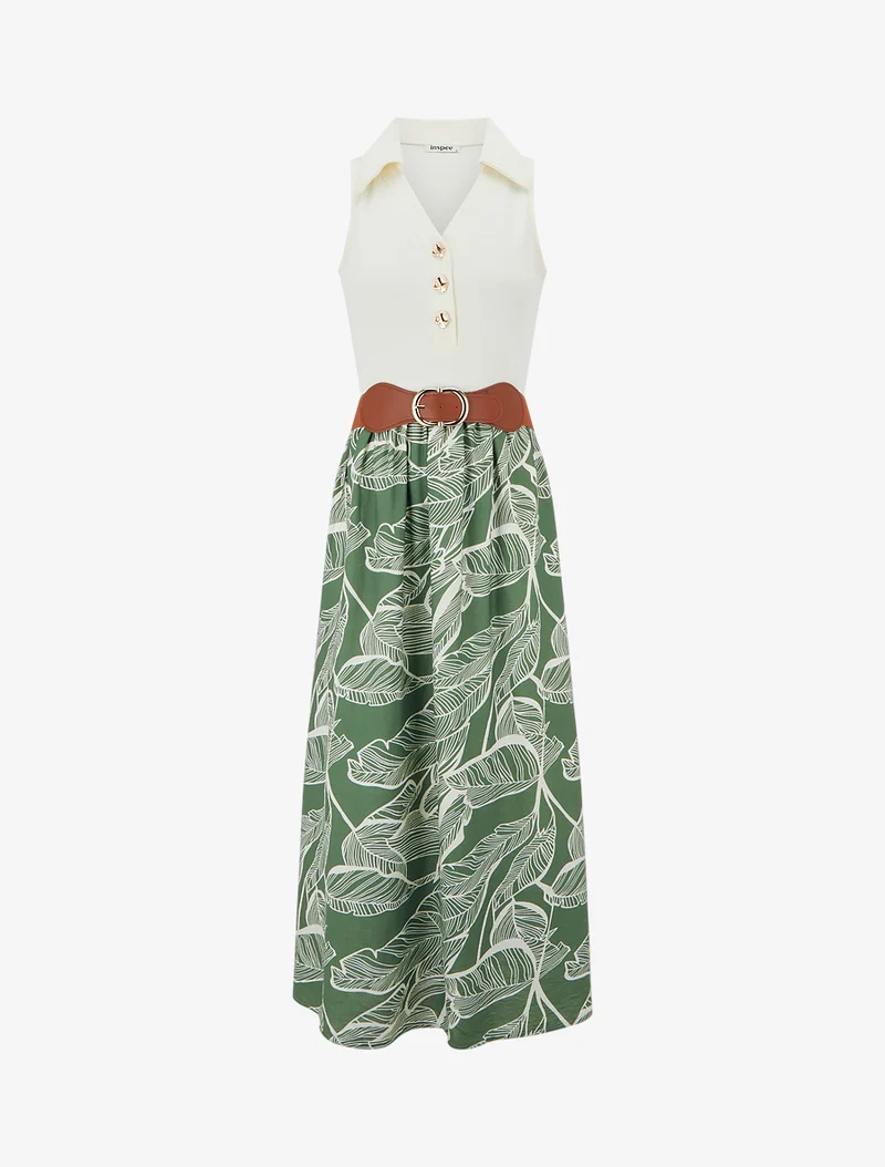 Langes Kleid mit Zierknöpfen und Blätterdruck - Grün