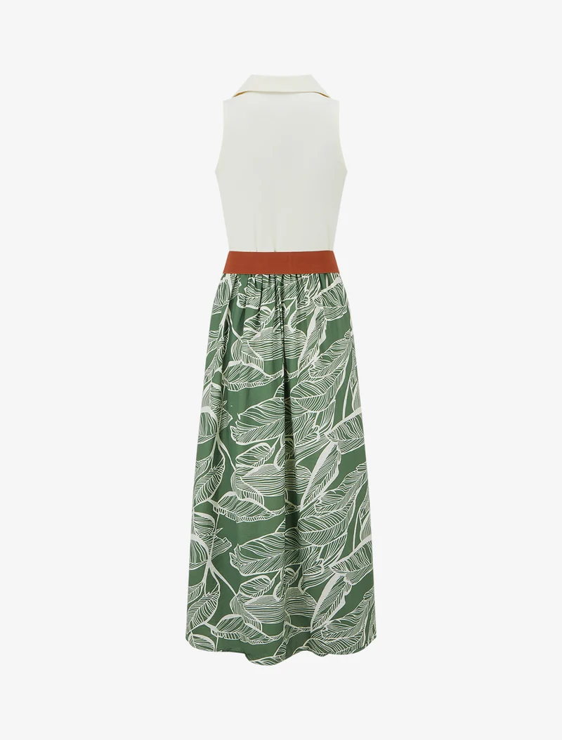 Langes Kleid mit Zierknöpfen und Blätterdruck - Grün