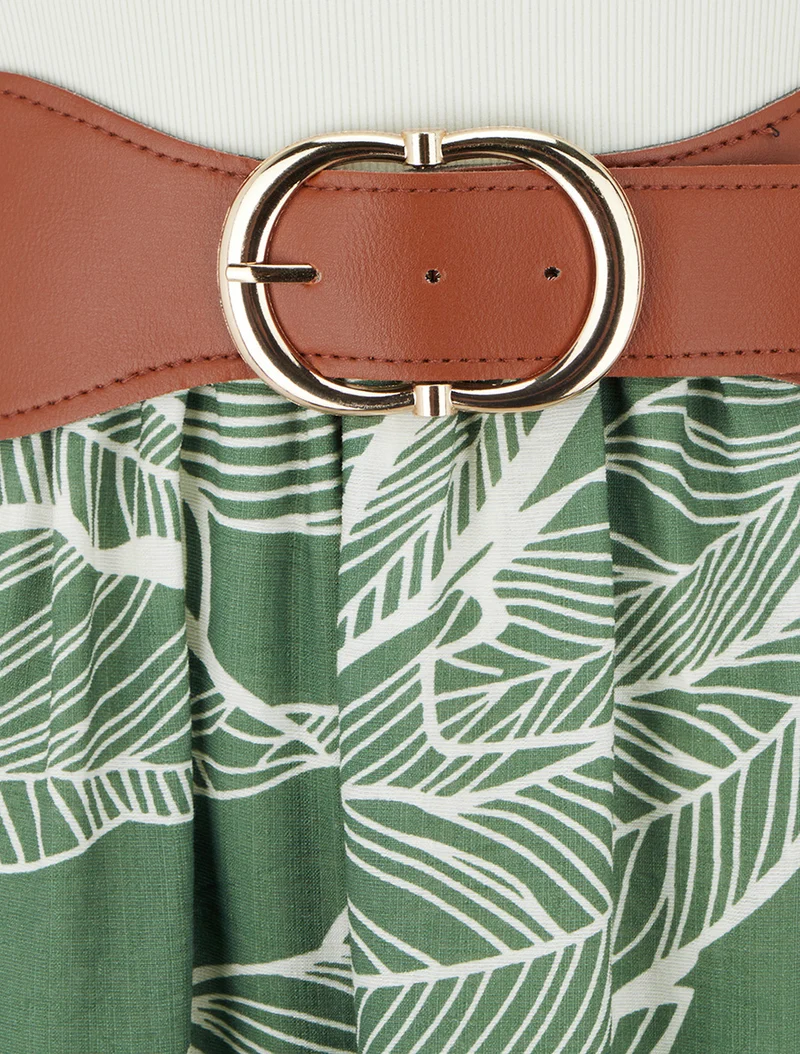 Langes Kleid mit Zierknöpfen und Blätterdruck - Grün