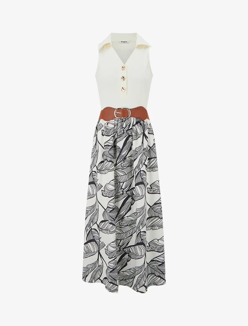 Langes Kleid mit Zierknöpfen und Blätterdruck - Marine
