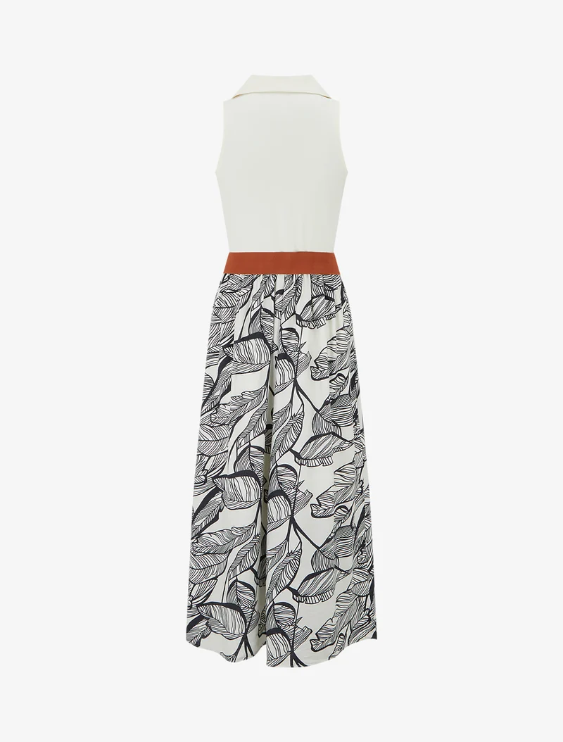 Langes Kleid mit Zierknöpfen und Blätterdruck - Marine