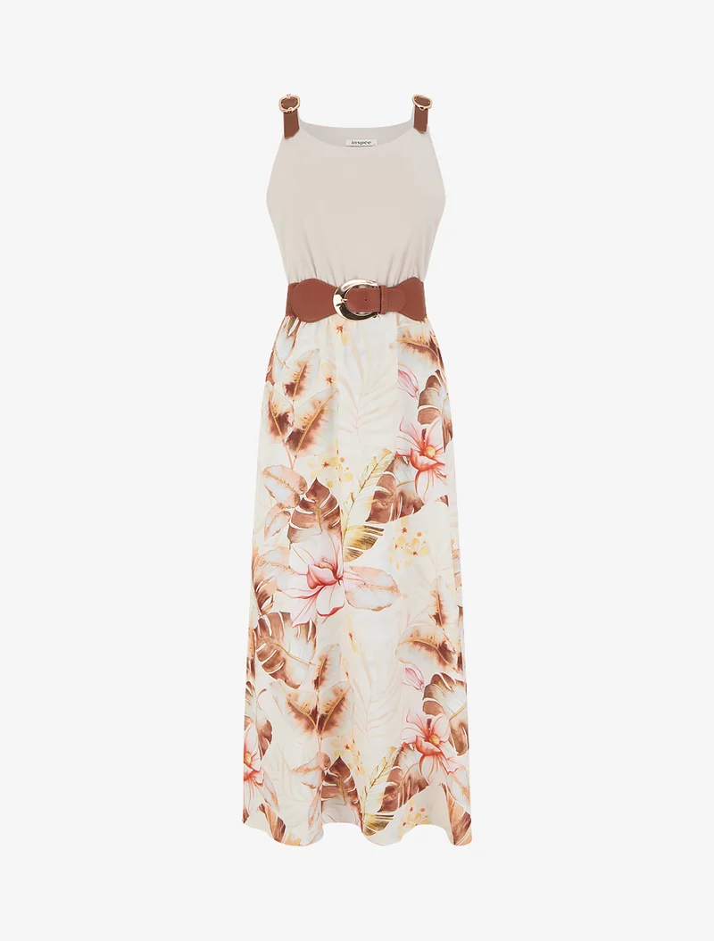 Kleid mit Blattdruck und Trägern in Kunstleder - Kamel