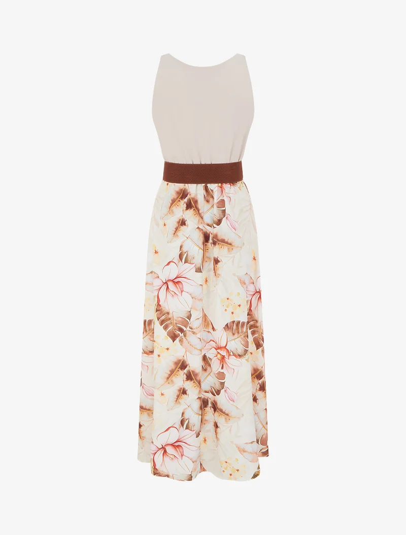 Kleid mit Blattdruck und Trägern in Kunstleder - Kamel