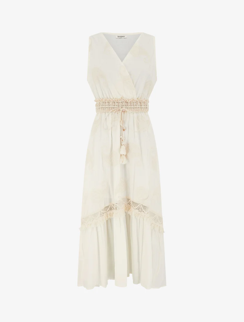 Langes Kleid mit Paisley-Stickerei-Muster - Ecru