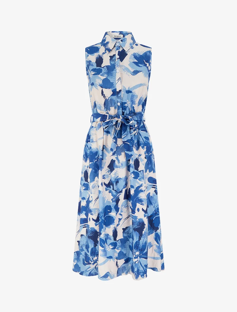 Langes Hemdkleid mit abstraktem Druck - Blau