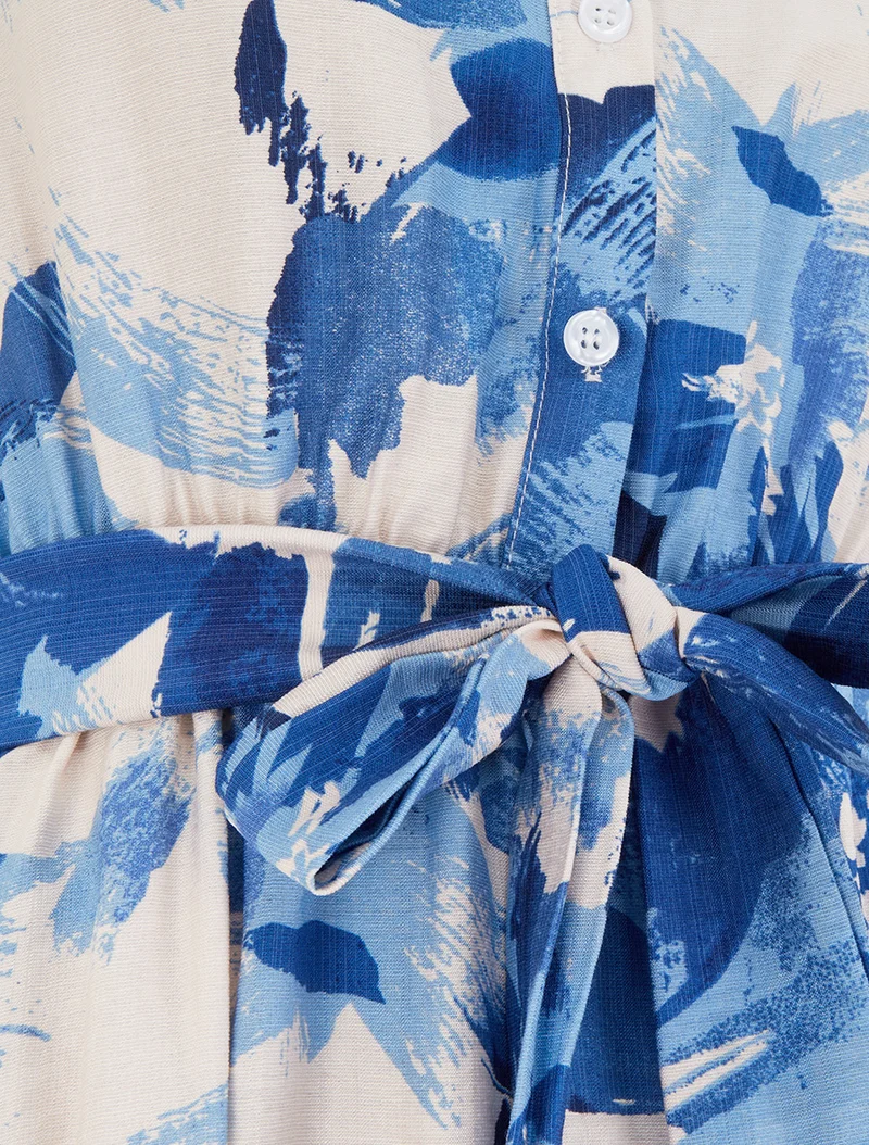 Langes Hemdkleid mit abstraktem Druck - Blau