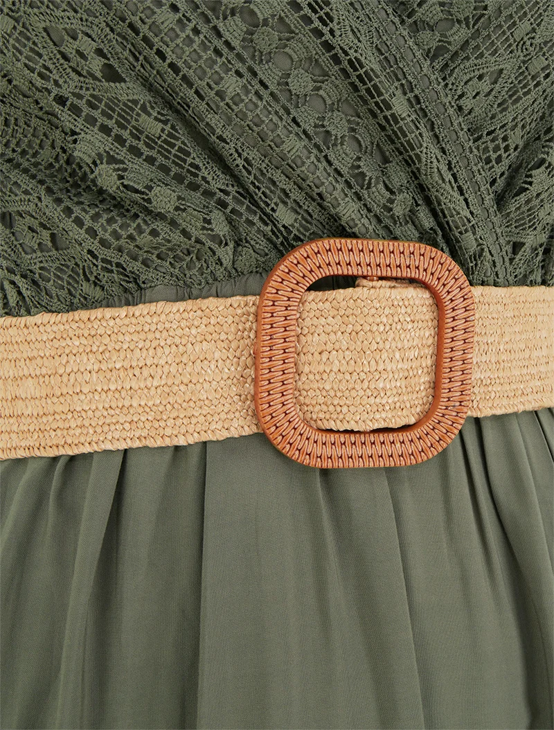 Langes einfarbiges Kleid mit Spitzenoberteil - Kaki