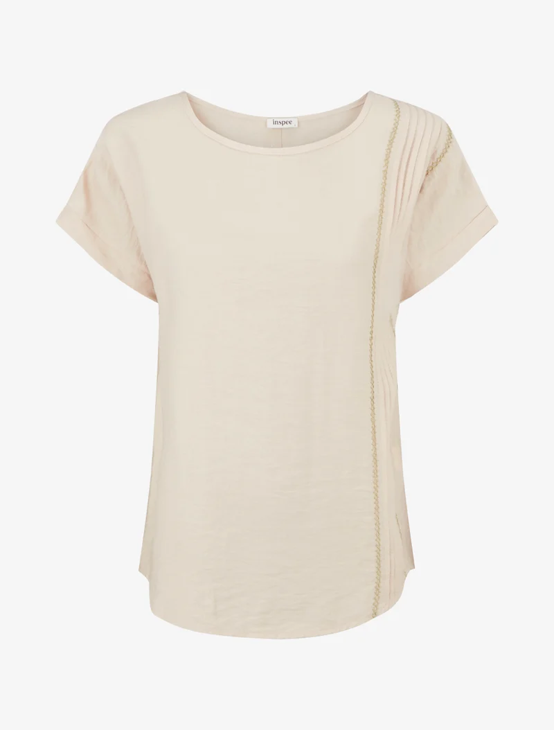 Weit geschnittenes Oberteil mit kurzen Ärmeln und Faltendetails - Beige