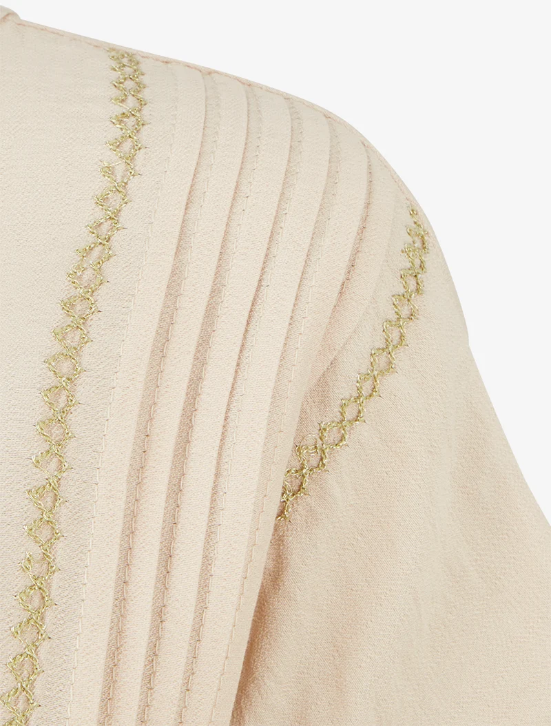 Weit geschnittenes Oberteil mit kurzen Ärmeln und Faltendetails - Beige