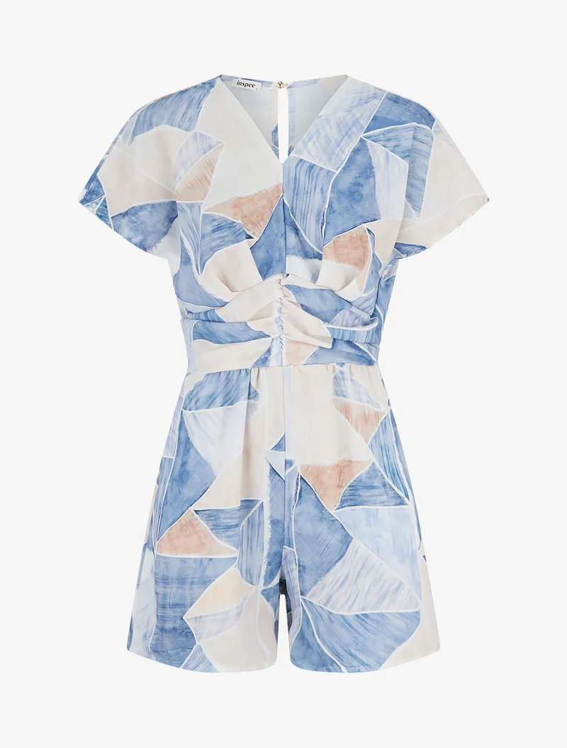 Gerade geschnittener Kurzarm-Overall mit Fantasiemuster - Blau