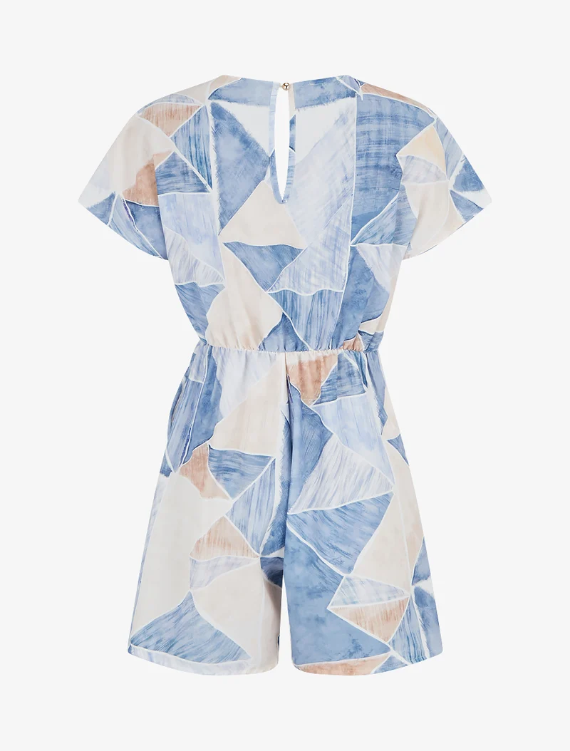 Gerade geschnittener Kurzarm-Overall mit Fantasiemuster - Blau