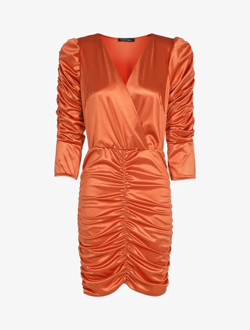 Gerafftes Kleid mit langen Ärmeln - Ziegelstein