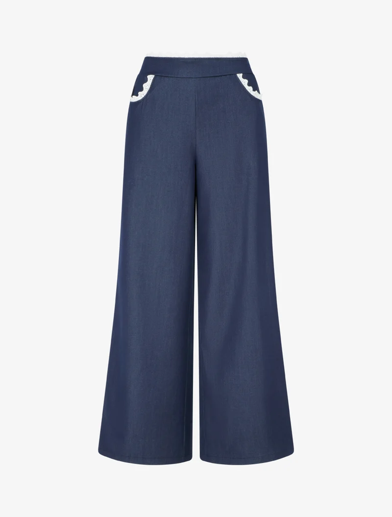 Weite Hose mit Spitze - Rohblau