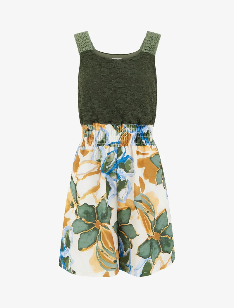 Tropischer Blumenprint-Jumpsuit mit Spitzen-Bustier - Kaki
