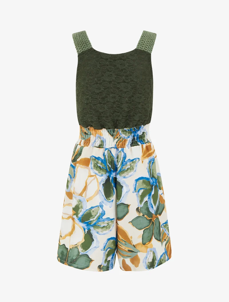 Tropischer Blumenprint-Jumpsuit mit Spitzen-Bustier - Kaki