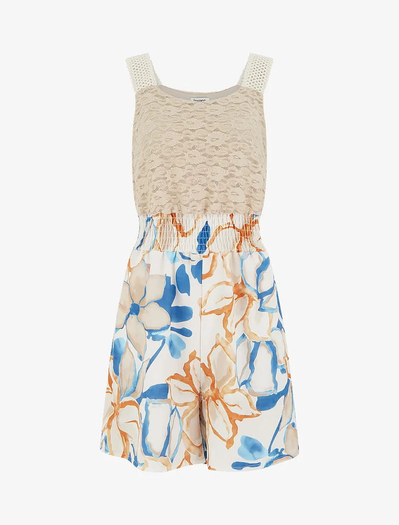 Tropischer Blumenprint-Jumpsuit mit Spitzen-Bustier - Beige