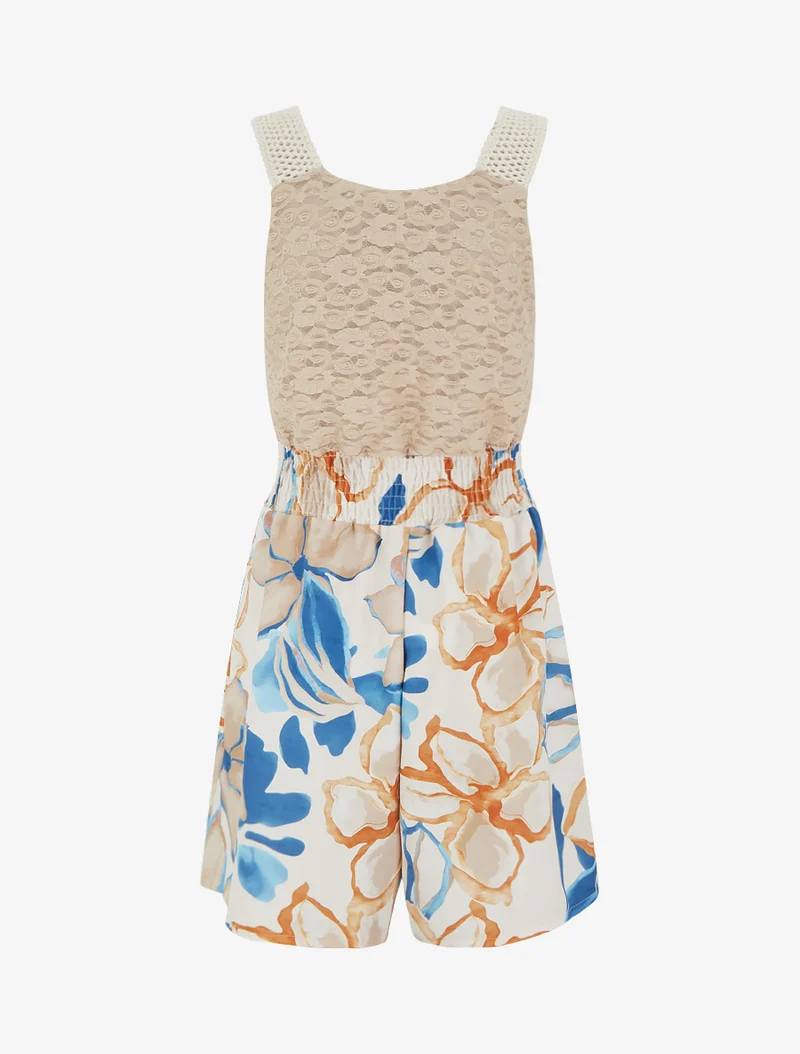Tropischer Blumenprint-Jumpsuit mit Spitzen-Bustier - Beige
