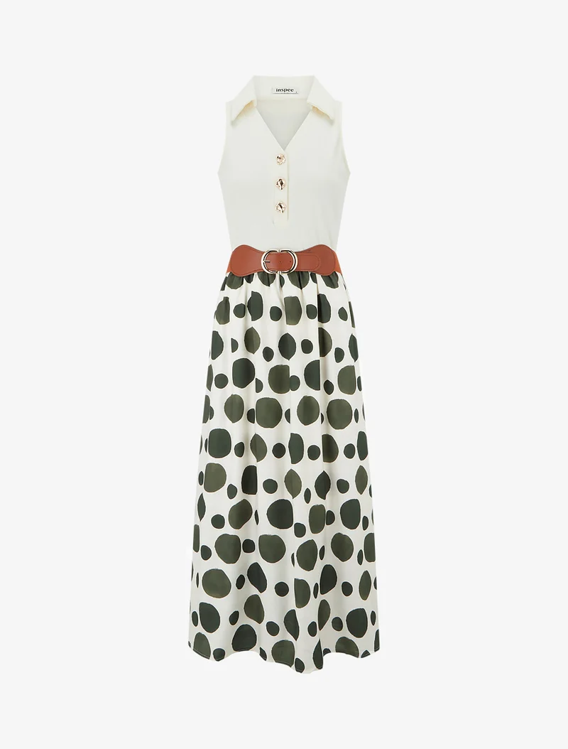 Langes Kleid mit Zierknöpfen und großem Punktmuster - Dunkelgrün