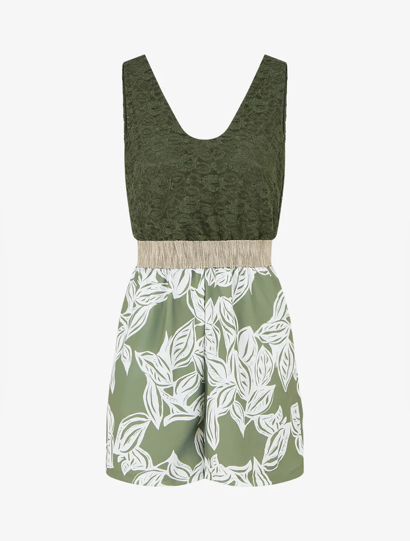 Gespielter Blumen-Jumpsuit mit Spitzeneinsatz am Oberteil - Kaki