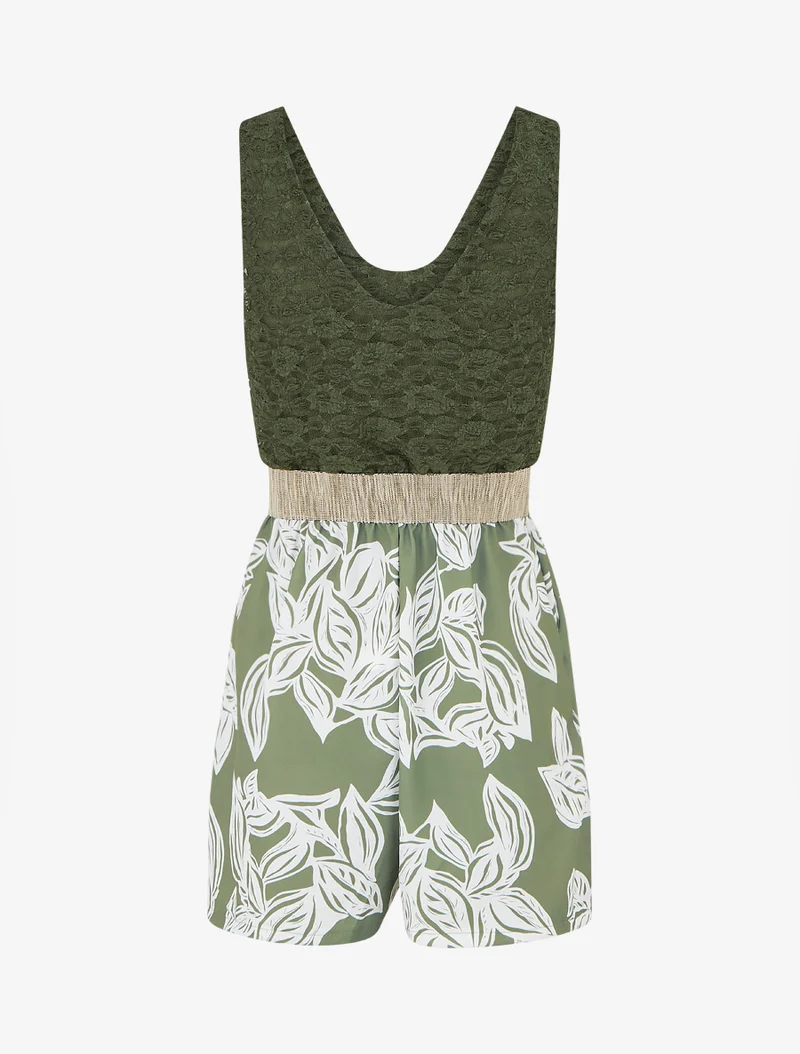Gespielter Blumen-Jumpsuit mit Spitzeneinsatz am Oberteil - Kaki