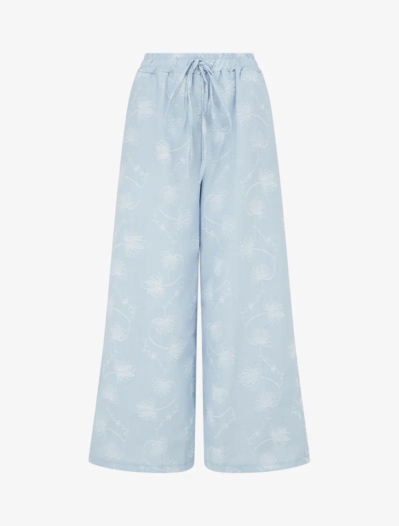Leinenhose mit Blumenstickerei - Himmelblau