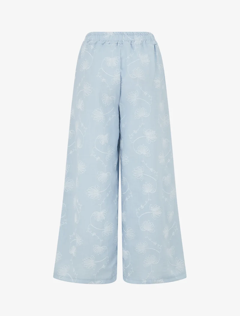 Leinenhose mit Blumenstickerei - Himmelblau