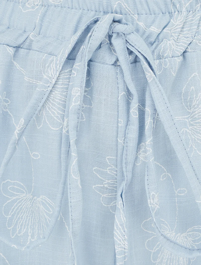 Leinenhose mit Blumenstickerei - Himmelblau