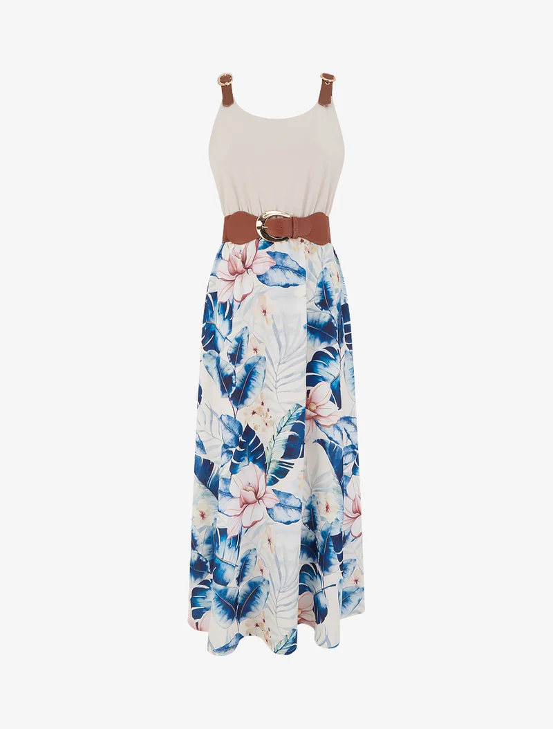 Kleid mit Blattdruck und Trägern in Kunstleder - Marine
