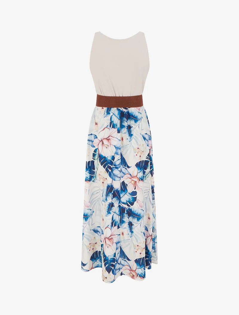 Kleid mit Blattdruck und Trägern in Kunstleder - Marine
