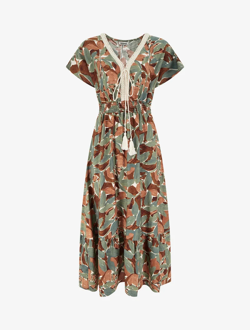Kleid mit stilisiertem Druck und Häkelkragen - Kaki
