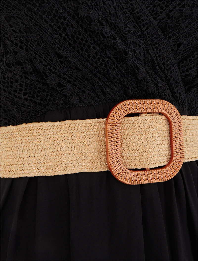 Langes einfarbiges Kleid mit Spitzenoberteil - Schwarz
