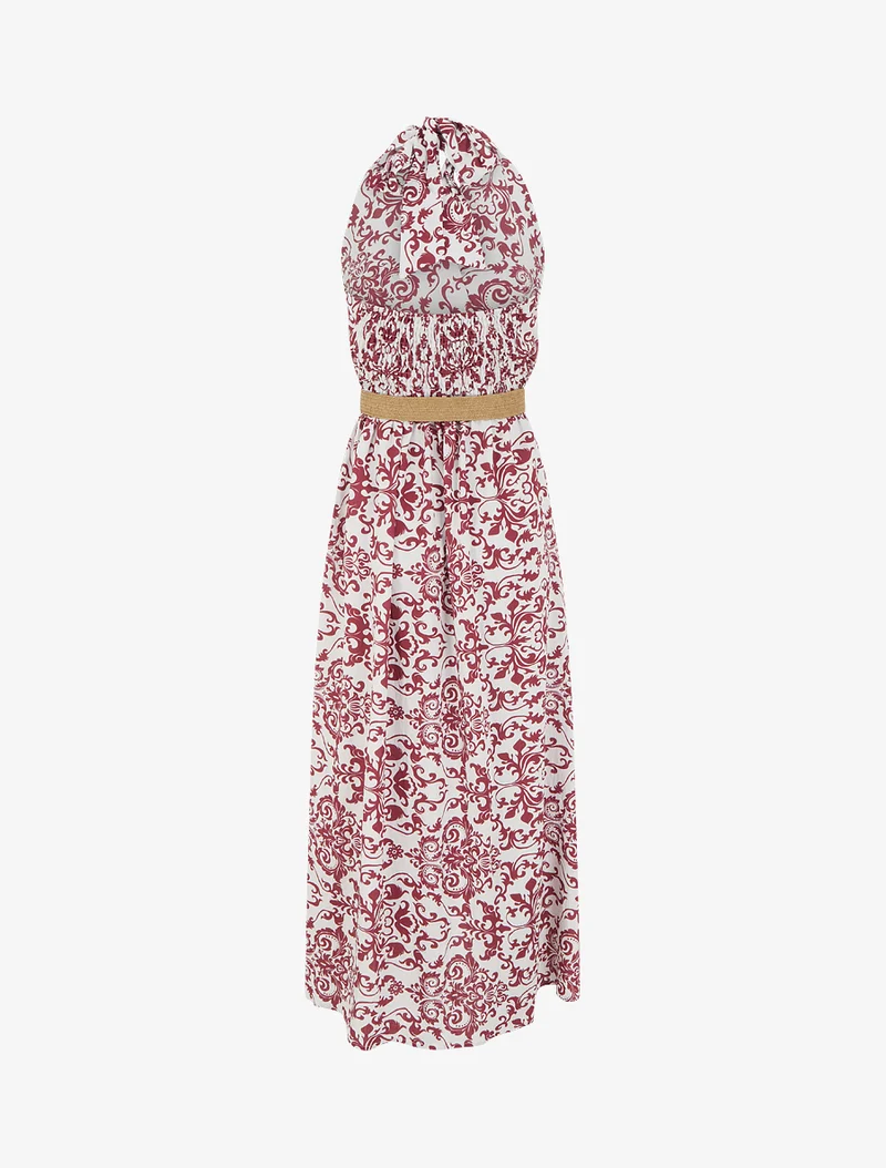 Rückenfreies langes Kleid mit Arabeskenmuster - Bordeaux