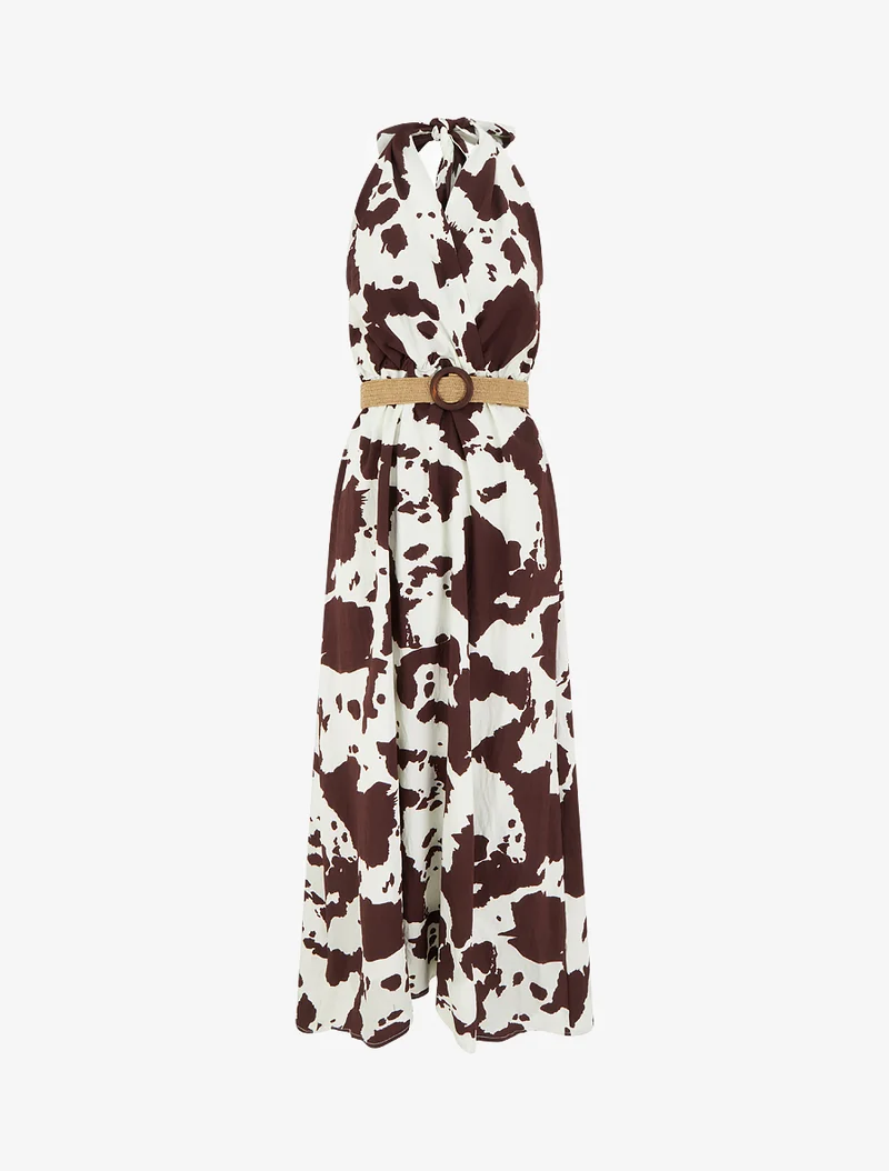 Rückenfreies langes Kleid mit Kuhmuster - Braun