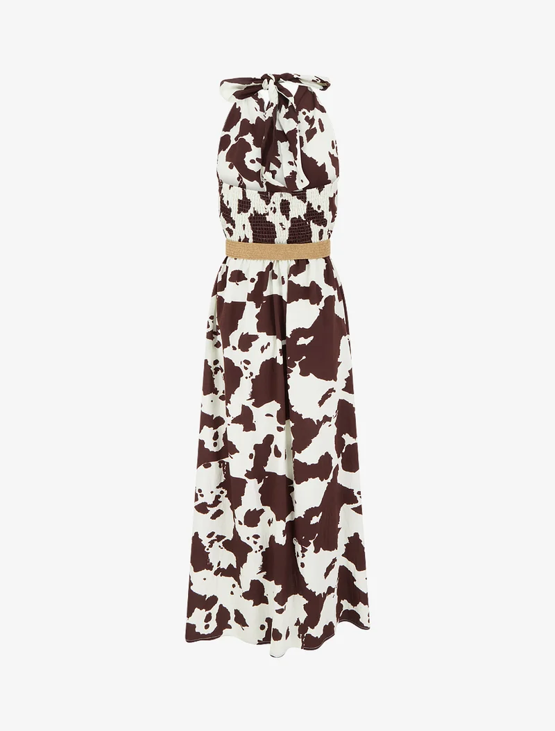 Rückenfreies langes Kleid mit Kuhmuster - Braun