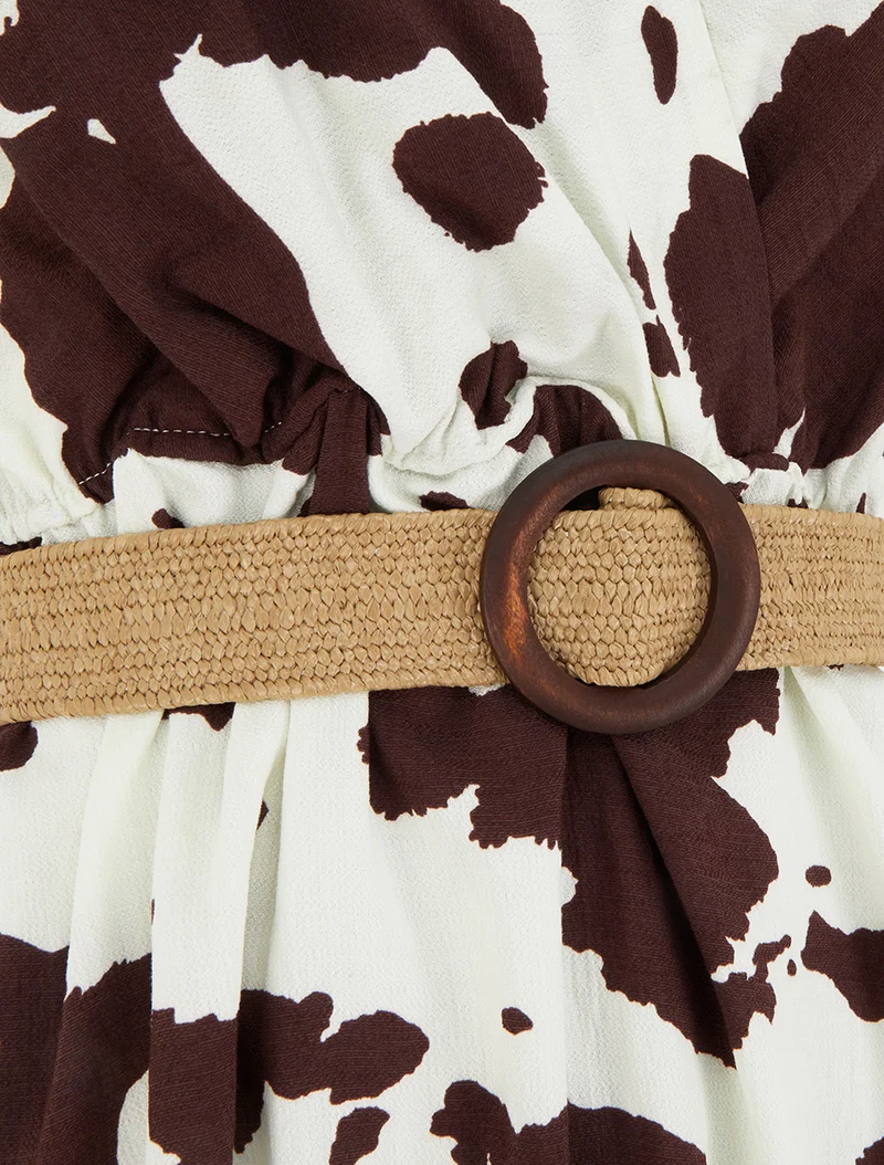 Rückenfreies langes Kleid mit Kuhmuster - Braun
