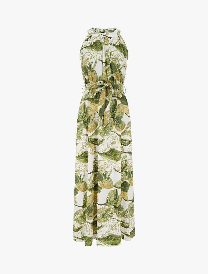 Elastisches langes Kleid mit Blattdruck - Kaki
