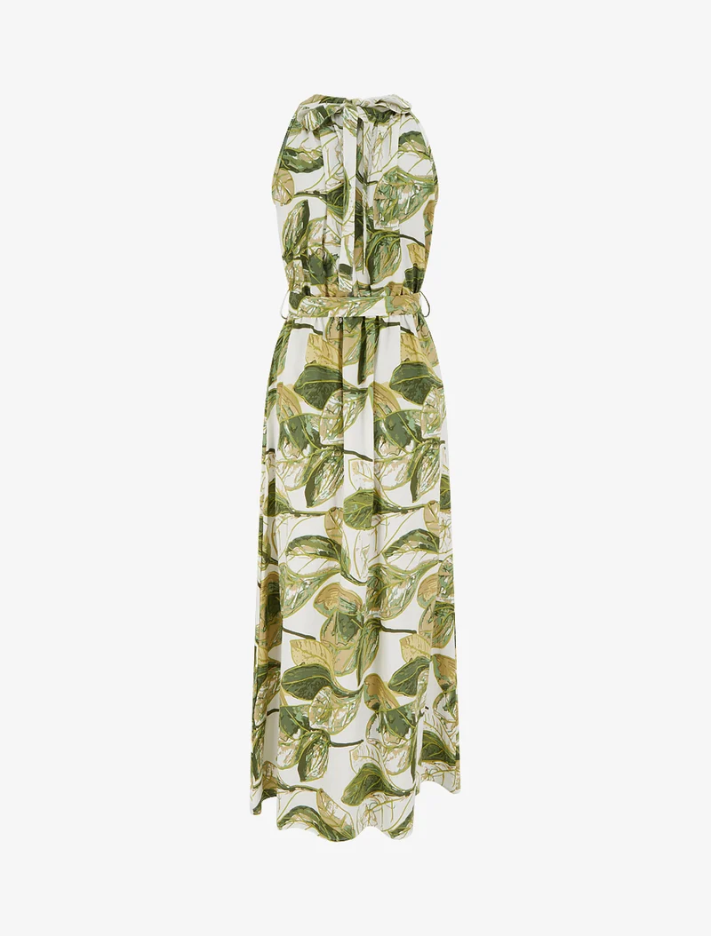Elastisches langes Kleid mit Blattdruck - Kaki
